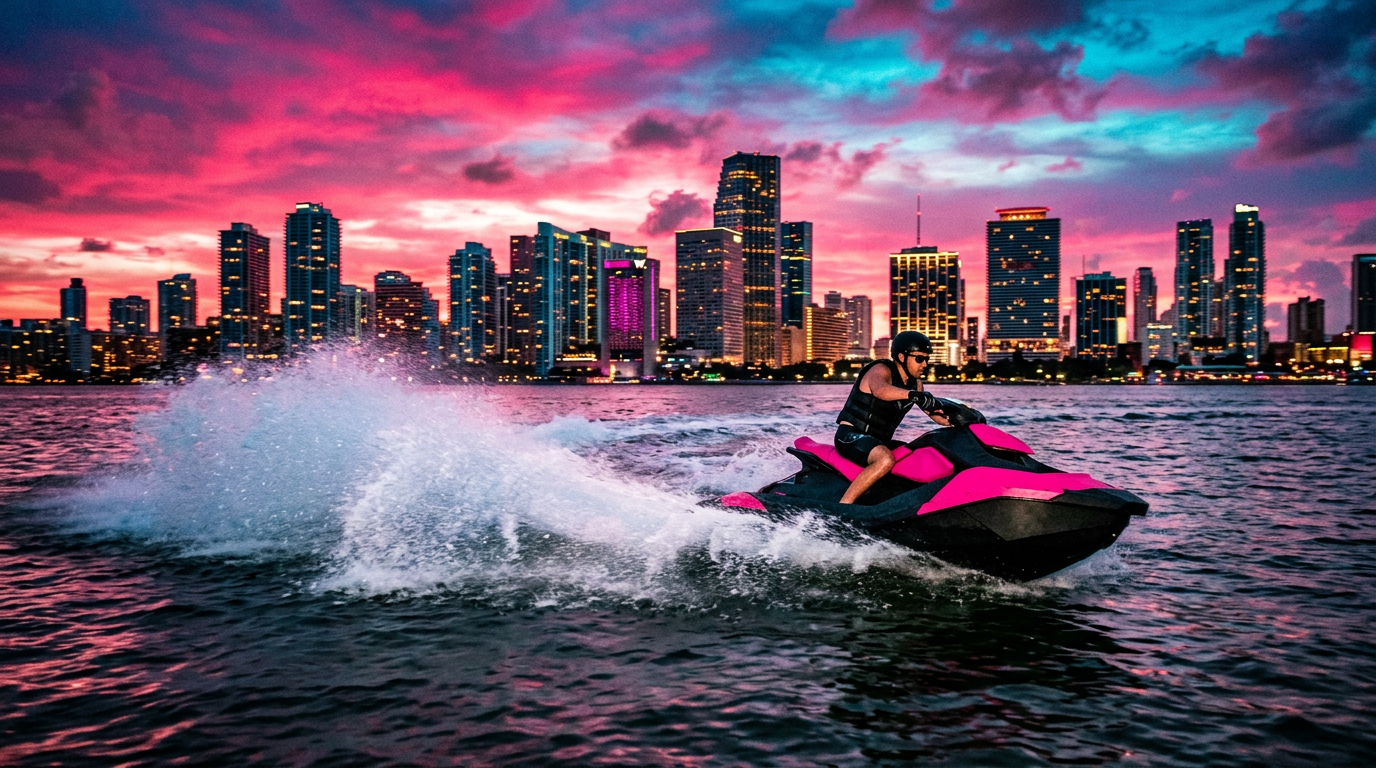 A rider leaning a jetski through a spray of white water at dusk with the Miami skyline glowing pink behind